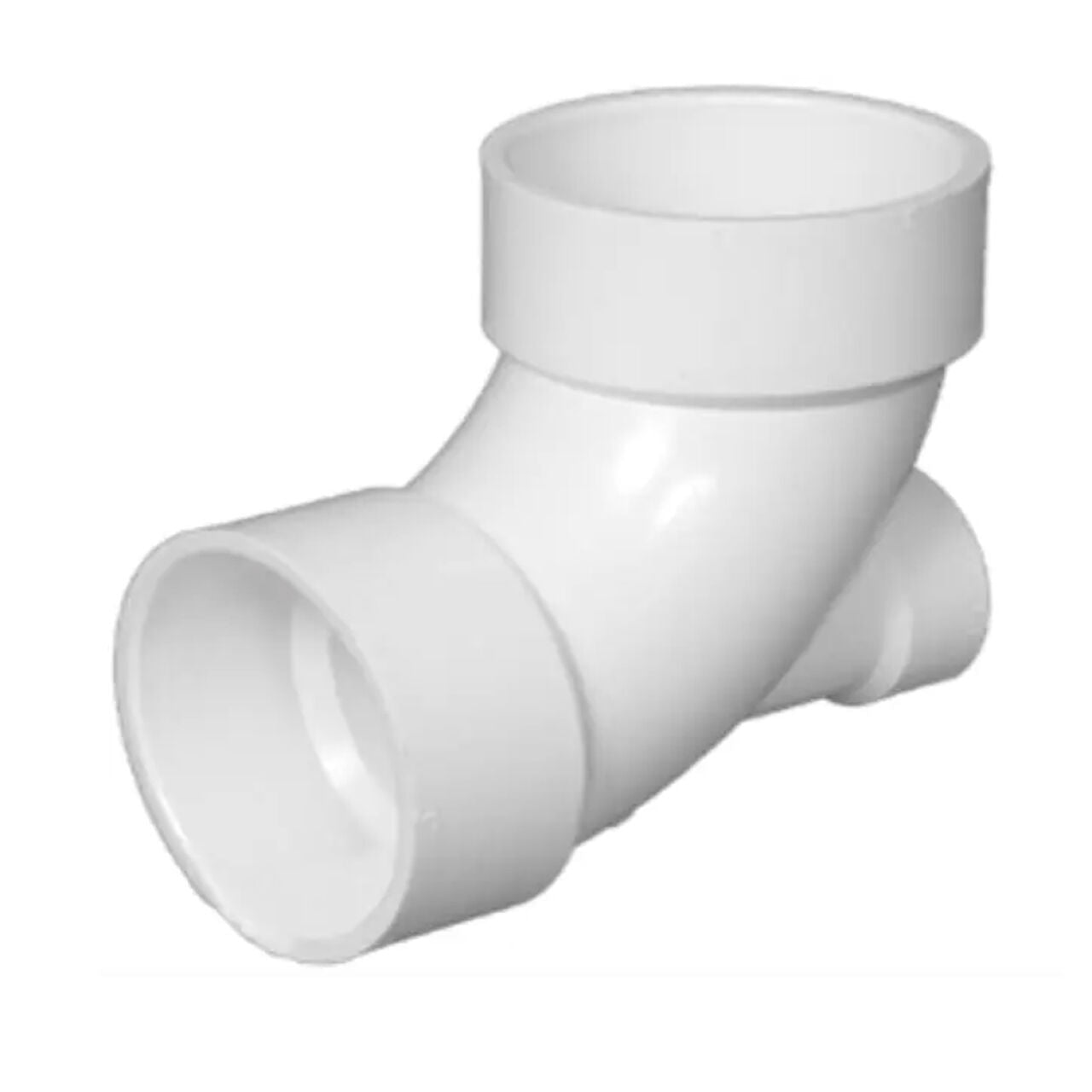 The Go Build 3 in. x 3 in. x 2 in. PVC DWV 90-Degree Hub x Hub Elbow with Lowheel Inlet is a white pipe fitting featuring three openings, ideal for angled pipe connections in drainage systems.